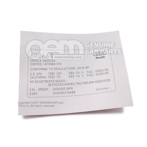 Adattábla az emissziós értékekhez Audi TT/TTS Coupe/Roadster 8S 8V0010504F