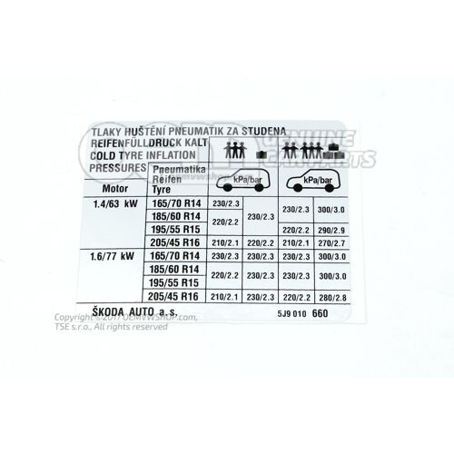 Skoda Fabia 5J guminyomás adattábla 5J9010660