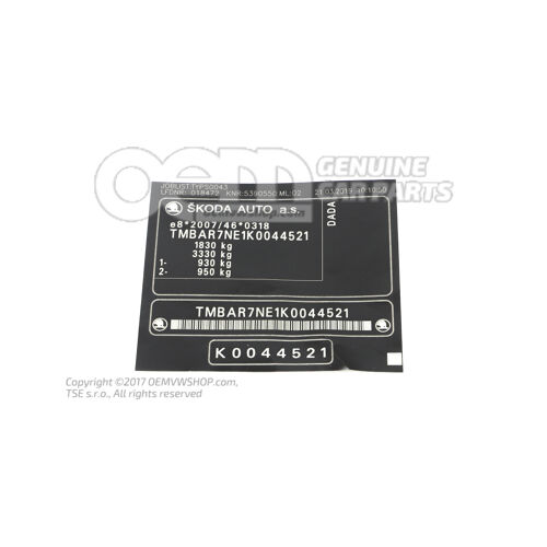 Tábla a jármű azonosító számához 5E0000279